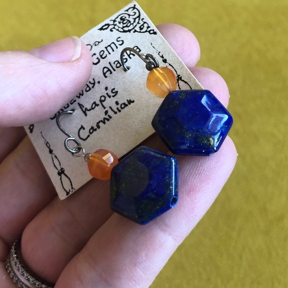 Natural Gems Lapis Camilian Bracelet and Earrings Set - Picture 5 of 6